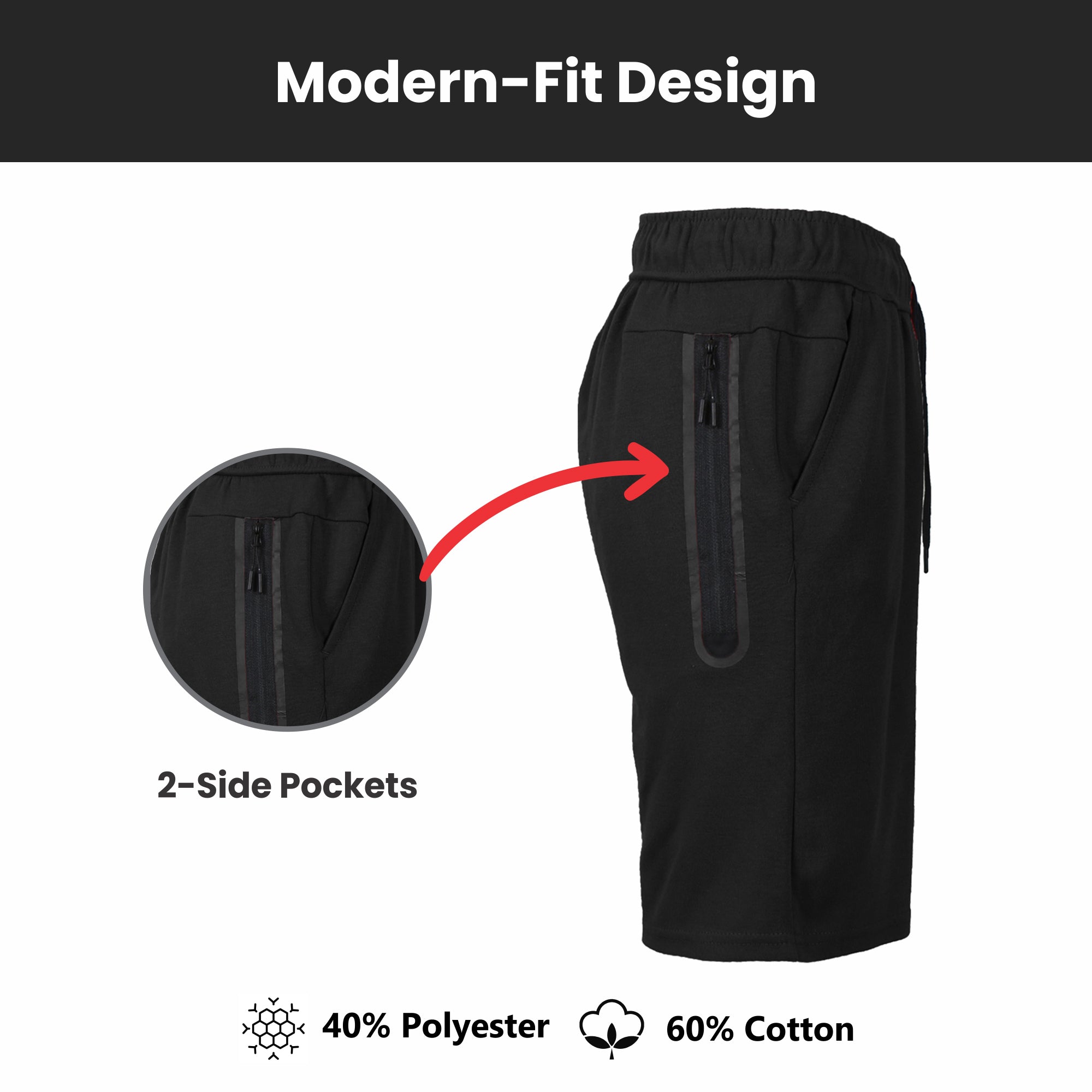 Men's 3-Pack Tech Fleece Performance Shorts With Heat Seal Zipper Pocket (Sizes, S-2XL)